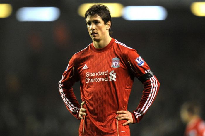 Ekspresi striker Liverpool FC, Fernando Torres, dalam pertandingan Liga Inggris 2010-2011 menghadapi