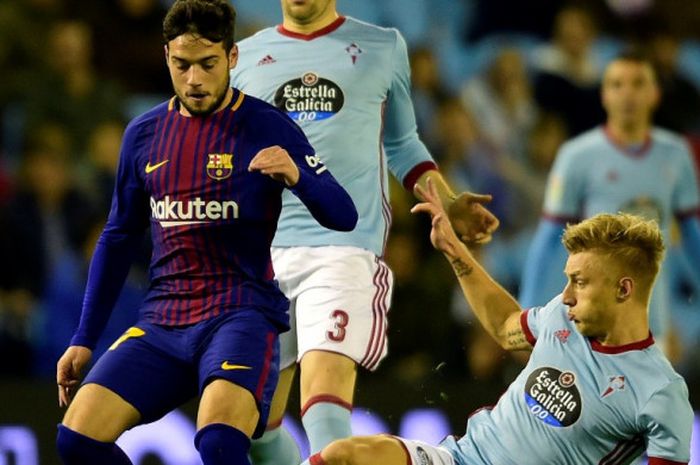 Jose Arnaiz (kiri) beraksi dalam partai Copa del Rey antara Celta Vigo dan Barcelona di Balaidos, Vigo, 4 Januari 2018.