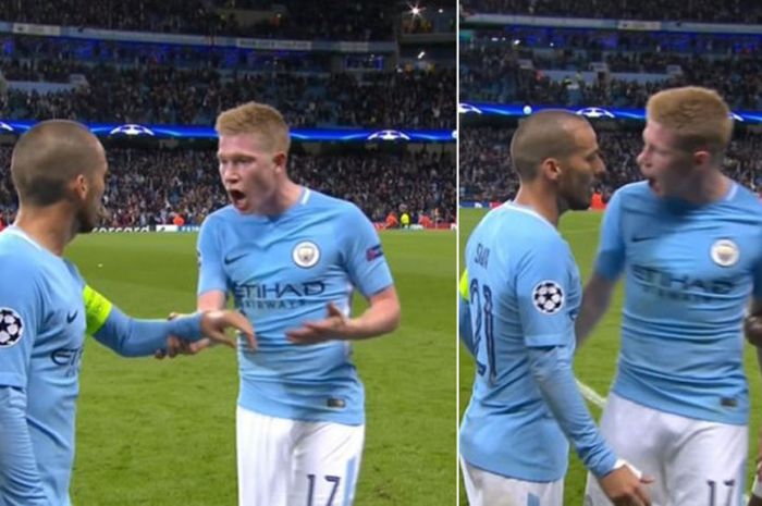 Gelandang Manchester City Kevin de Bruyne ngamuk pada rekan setimnya David Silva saat dihalangin ketika ingin protes pada wasit setelah babak pertama laga melawan Napoli di penyisihan grup Liga Champions 2017/18, Rabu (18/10/2017).