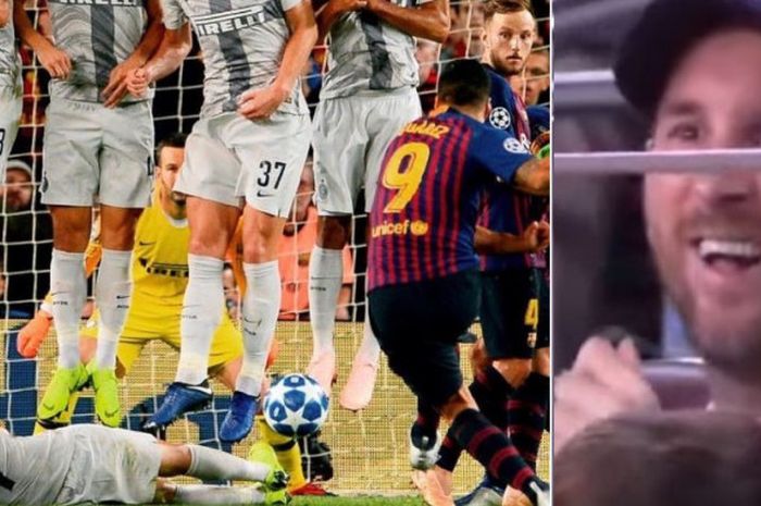 Pemain Barcelona, Lionel Messi, tampak tak percaya pemain Inter Milan, Marcelo Brozovic, mampu memblok tendangan bebas Luis Suarez dengan cara yang tak biasa saat kedua tim bertemu di Liga Champions, Kamis (25/10/2018).