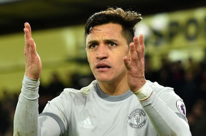  Ekspresi penyerang Manchester United, Alexis Sanchez, dalam laga Liga Inggris kontra Crystal Palace di Stadion Selhurst Park, London, pada 5 Maret 2018. 