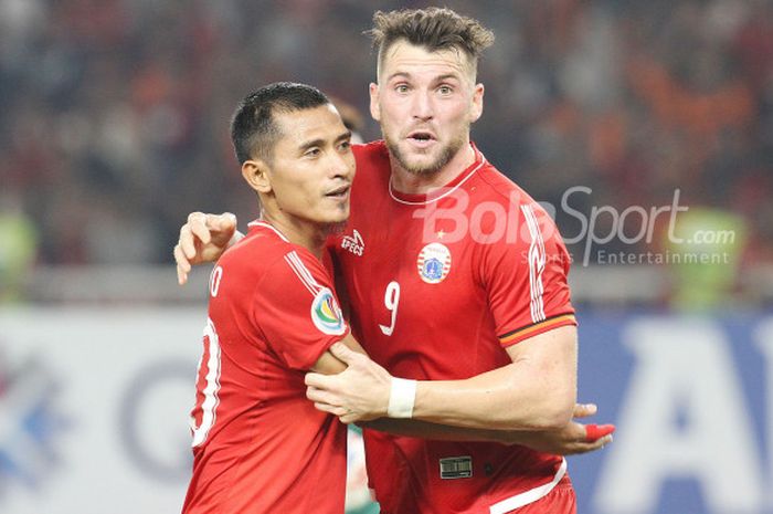 Selebrasi Marko Simic saat laga Persija Jakarta kontra Tampines Rovers dalam ajang Piala AFC 2018 di Stadion Utama Gelora Bung Karno, Jakarta,  Rabu (28/2/2018).