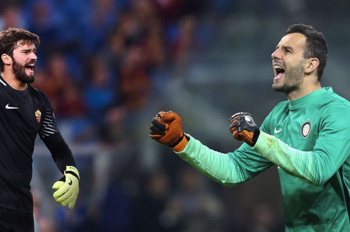 Kiper AS Roma, Alisson Becker (kiri), dan kiper Inter Milan, Samir Handanovic (kanan)