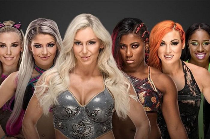 (dari ki-ka) Lana, Natalya, Alexa Bliss, Charlotte Flair, Amber Moon, Becky Lynch, Naomi, dan Sasha Banks saat menjadi cover untuk ppv event Money In The Bank.