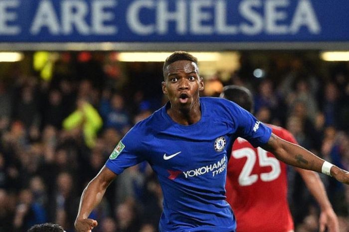 Reaksi pemain muda Chelsea, Charly Musonda, selepas menjebol gawang Nottingham Forest dalam partai Piala Liga Inggris di Stamford Bridge, London, 20 September 2017.