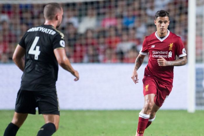 Pemain Liverpool, Philippe Coutinho, beraksi pada partai kontra Leicester di ajang Premier League Asia Trophy pada 21 Juli 2017 di Hong Kong, China.