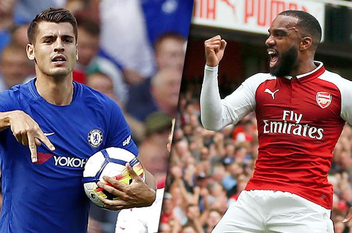 Striker Chelsea, Alvaro Morata (kiri), adu tajam dengan ujung tombak Arsenal, Alexandre Lacazette.