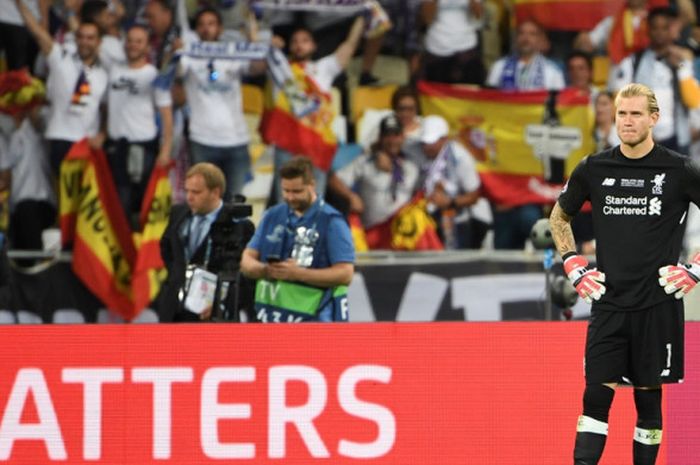 Ekspresi kiper Liverpool FC, Loris Karius, setelah dibobol Real Madrid dalam laga final Liga Champions di Stadion NSC Olimpiyskiy, Kyiv, Ukraina pada 26 Mei 2018.