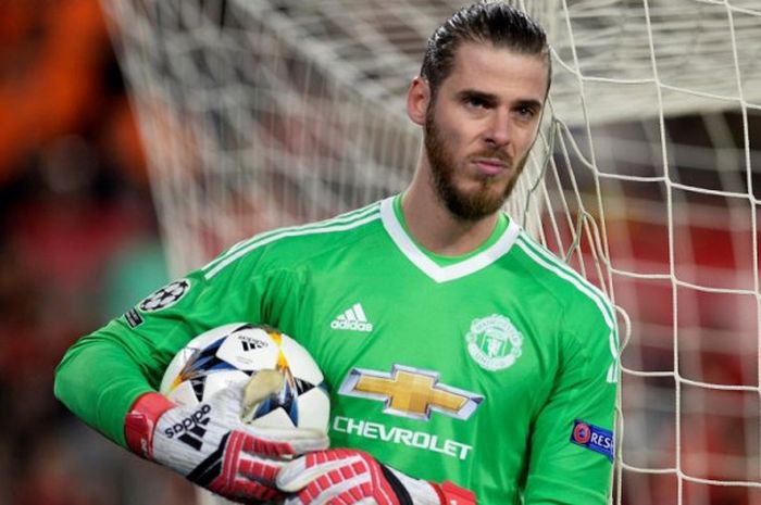 David de Gea beraksi dalam partai Liga Champions antara Sevilla kontra Manchester United di Ramon Sanchez Pizjuan, Sevilla, 21 Februari 2018.