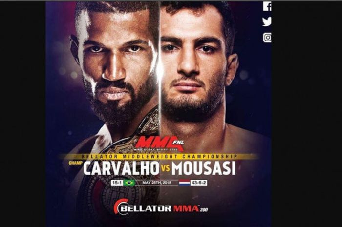 Poster Rafael Carvalho kontra Gerard Mousasi, pada 25 Mei mendatang, di gelaran Belator MMA, London, Inggris