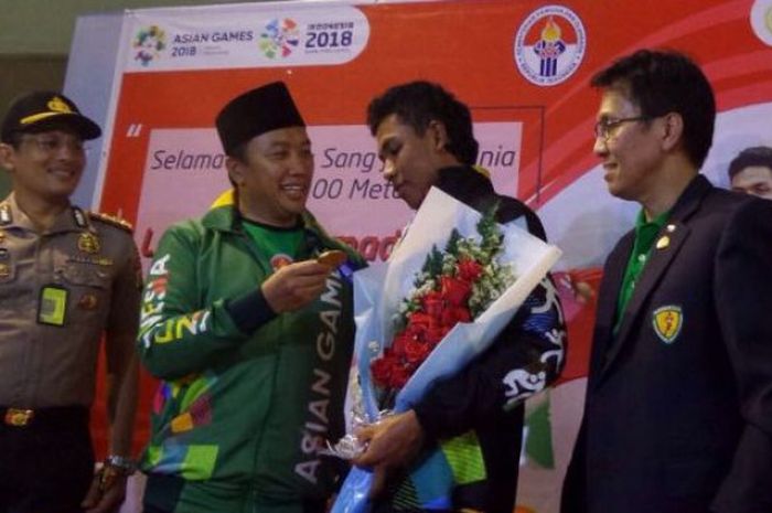 Acara penyambutan kepulangan Lalu Muhammad Zohri di  Terminal 3 Bandara Soekarno Hatta, Selasa (17/7/2018)