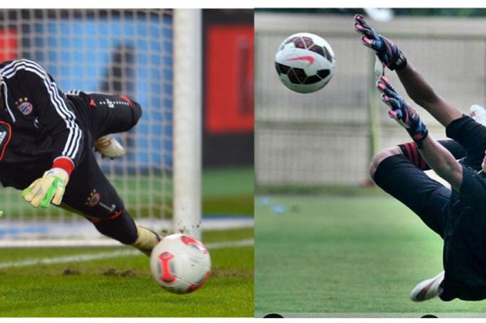 Kiper timnas u-19 Indonesia, Muhammad Riyandi (kanan) dan kiper timnas Jerman Manuel Neuer (kiri)