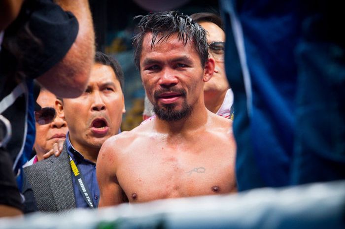 Reaksi petinju Manny Pacquiao setelah dikalahkan Jeff Horn dalam pertarungan perebutan sabuk juara kelas welter WBO, 2 Juli 2017 di Suncorp Stadium, Brisbane.