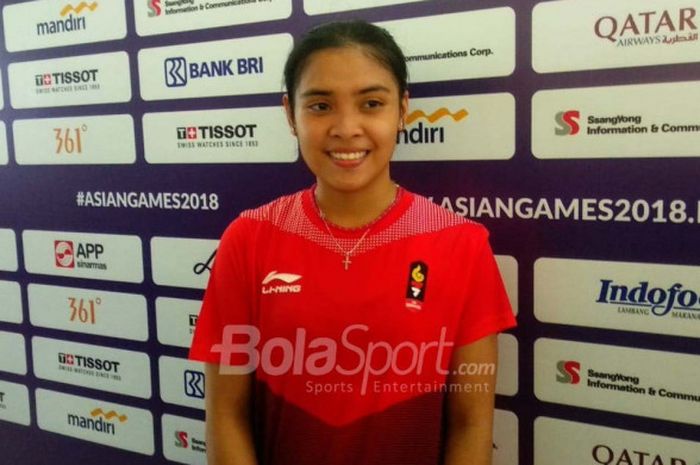 Pebulu tangkis tunggal putri Indonesia, Gregoria Mariska Tunjung, saat ditemui di area mixed zone Istora Senayan, Jakarta, Minggu (19/8/2018) sore.