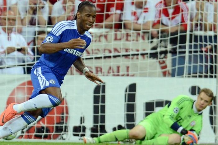 Ekspresi Didier Drogba usai mencetak gol ke gawang Bayern Muenchen di final Liga Champions, 19 Mei 2012.