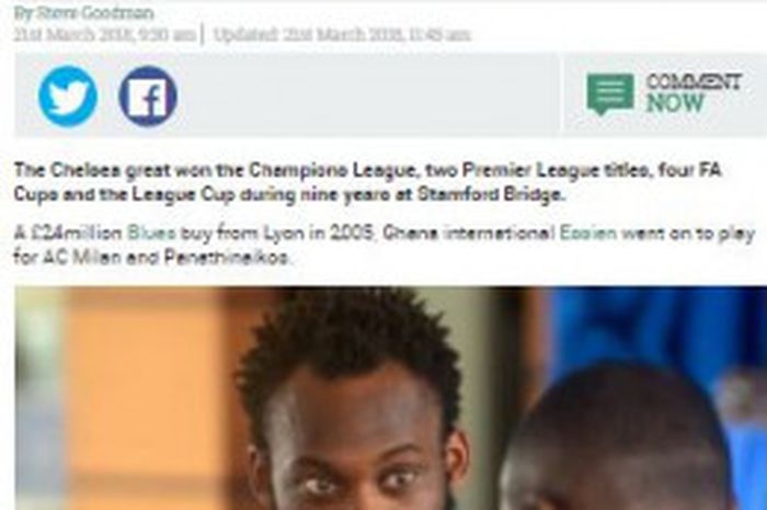 Pemberitaan media asal Inggris, The Sun, soal Michael Essien pada hari Rabu (21/3/2018).