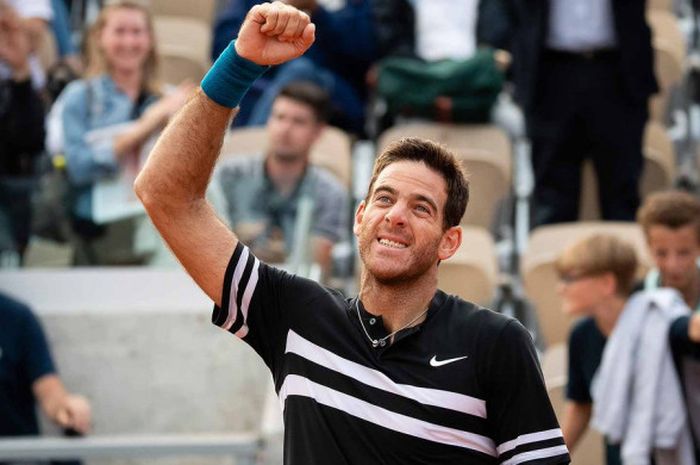 Ekspresi Juan Martin del Potro (Argentina) usai memenangkan laga 16 besar Roland Garros 2018.