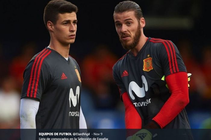 David de Gea (kanan) dan Kepa Arrizabalaga saat menjalani latihan bersama timnas Spanyol.