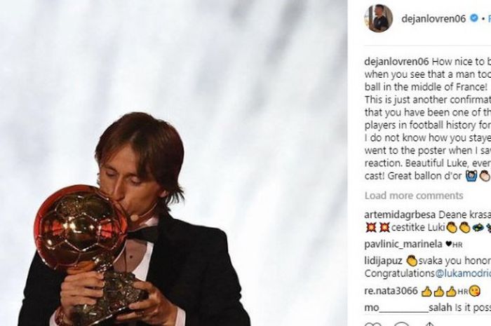 Unggahan Dejan Lovren yang memberikan selamat kepada Luka Modric setelah memenangi Ballon d'Or 2018.