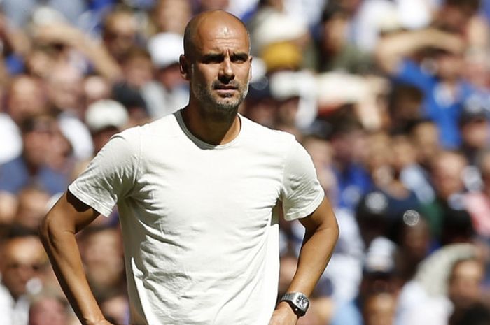 Ekspresi pelatih Manchester City, Pep Guardiola, dalam laga Community Shield kontra Chelsea di Stadion Wembley, London, Inggris pada 5 Agustus 2018.