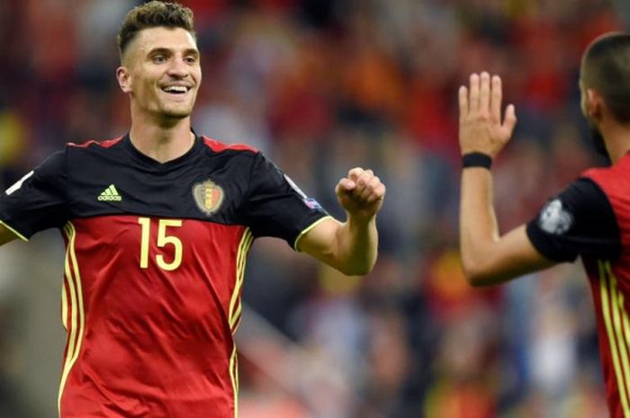 Bek timnas Belgia, Thomas Meunier, merayakan gol ke gawang Gibraltar dalam partai Kualifikasi Piala Dunia 2018 di Dufrasne Stadium, Sclessin, 31 Agustus 2017.