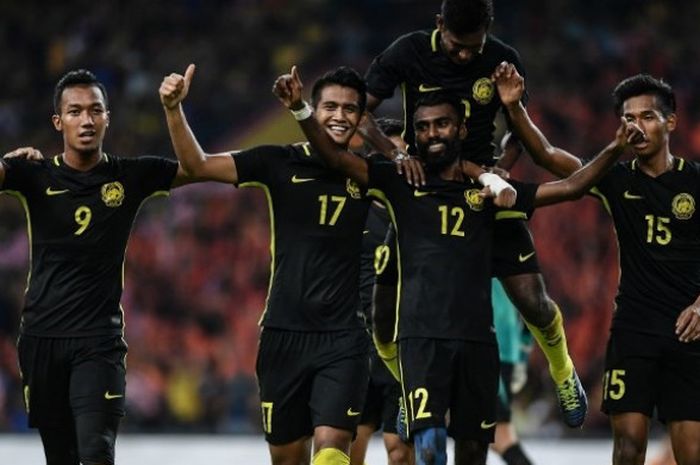 Pemain timnas U-22 Malaysia merayakan gol yang dicetak ke gawang timnas U-22 Myanmar dalam laga kedua tim di ajang SEA Games 2017, Senin (21/8/2017).