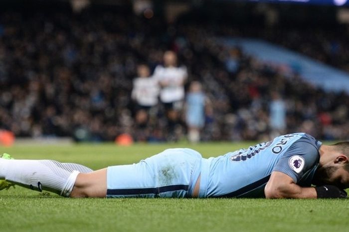 Sergio Aguero menunjukkan ekspresi frustrasi saat Manchester City melawan Tottenham Hotspur pada partai lanjutan Premier League di Stadion Etihad, 21 Januari 2017.