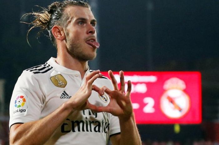 Gareth Bale merayakan gol Real Madrid ke gawang Girona dalam lanjutan Liga Spanyol di Stadion Montilivi, 26 Agustus 2018.