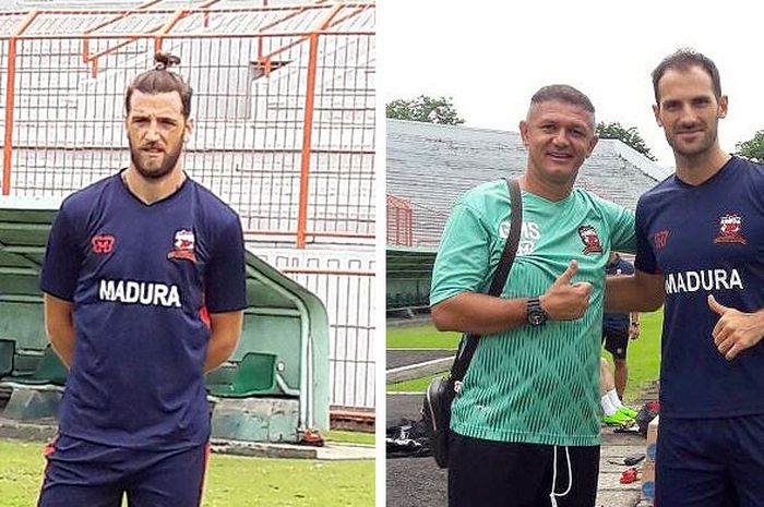 Dua pemain baru Madura United, Stevan Markovic (kiri) dan Alejandro Fiorina, saat berlatih pada Rabu (7/2/2018).