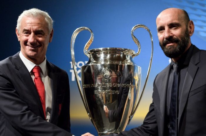 Direktur Olahraga AS Roma, Monchi (kanan), bersalaman dengan legenda Liverpool Ian Rush dalam acara undian semifinal Liga Champions di Nyon, Swiss, 13 April 2018.