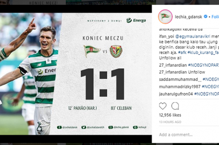 Unggahan foto akun Instagram resmi Lechia Gdansk yang panen hastag no egy no party.