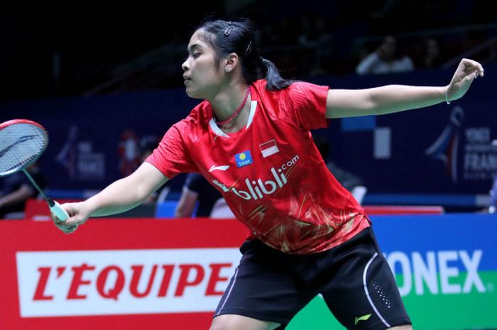 Tunggal putri Indonesia, Gregoria Mariska Tunjung, saat tampil pada babak pertama French Open 2018 yang digelar pada Selasa (23/10/2018).