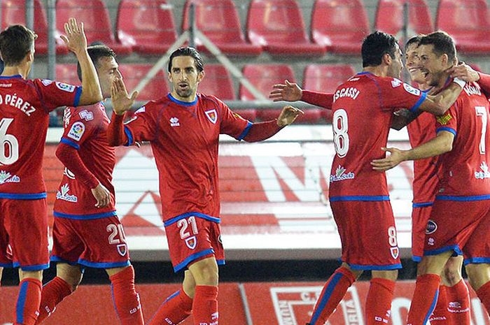 Pemain Numancia merayakan kemenangan atas Lorca FC dalam laga lanjutan Segunda Division pada 10 Dese