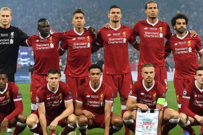  Para pemain Liverpool FC  berpose menjelang kick-off final Liga Champions kontra Real Madrid di Stadion Olimpiyskiy, Kiev, 26 Mei 2018. 