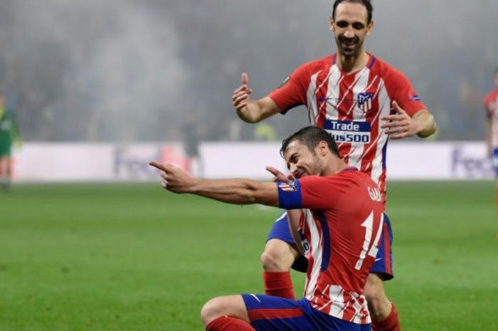   Kapten Atletico Madrid, Gabi, merayakan golnya ke gawang Olympique Marseille dalam partai final Liga Europa di Stade de Lyon, 16 Mei 2018.  