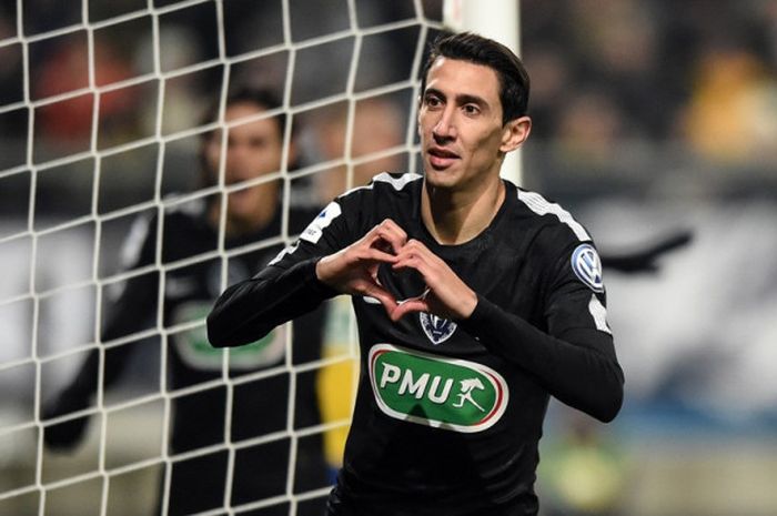 Pemain Paris Saint-Germain, Angel Di Maria, merayakan gol yang dia cetak ke gawang Sochaux dalam laga babak 16 besar Piala Prancis di Stadion Auguste Bonal, Sochaux, pada 6 Februari 2018.