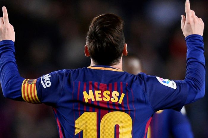 Lionel Messi merayakan golnya untuk Barcelona ke gawang Leganes dalam partai Liga Spanyol di Camp Nou, Barcelona, 7 April 2018.