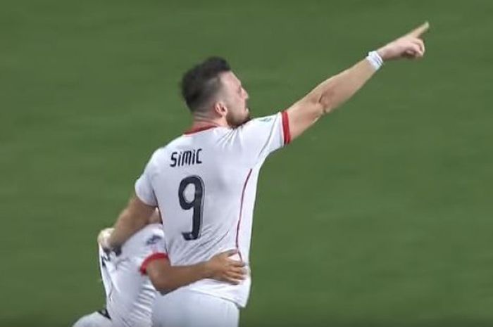 Marko Simic saat berselebrasi merayakan golnya ke gawang Tampines Rovers, Selasa (24/4/2018).