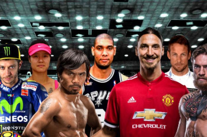 Dari kiri ke kanan: Valentino Rossi, Li Na, Manny Pacquiao, Tim Duncan, Zlatan Ibrahimovic, Jenson Button, dan Conor McGregor merupakan multi-atlet