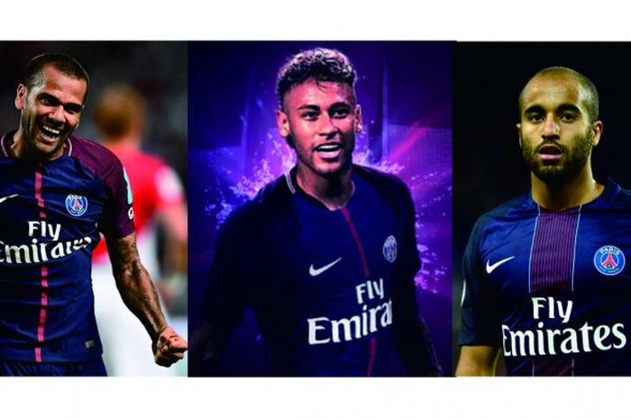 Neymar Jr diantara Dani ALves (kiri) dan Lucas Moura (kanan)