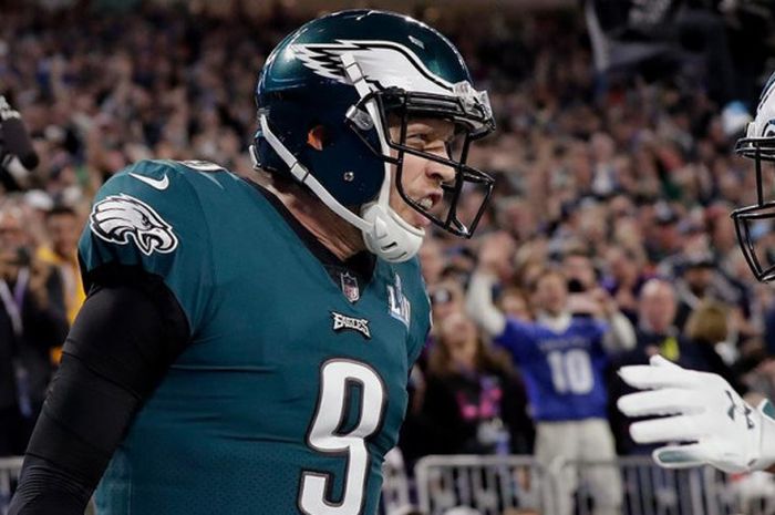 Ekspresi quarterback tim Philadelphia Eagles, Nick Foles, pada laga Super Bowl LII yang digelar pada Minggu (4/2/2018) waktu Amerika Serikat atau Senin siang WIB.