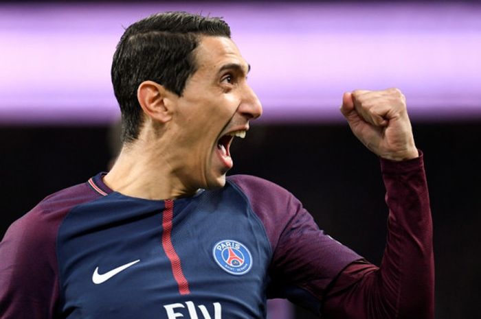 Pemain Paris Saint-Germain, Angel Di Maria, merayakan gol yang dia cetak ke gawang Dijon dalam laga Liga Prancis di Stadion Parc des Princes, Paris, pada 17 Januari 2018.