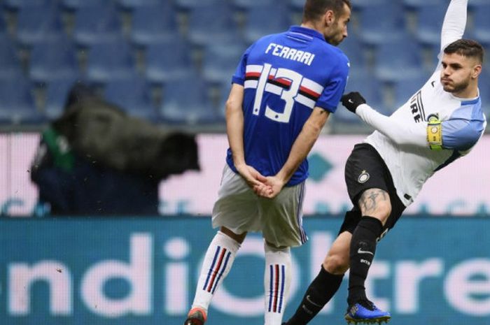 Kapten Inter Milan, Mauro Icardi, beraksi pada laga Liga Italia kontra Sampdoria di Stadion Luigi Ferraris, Genoa, pada 18 Maret 2018