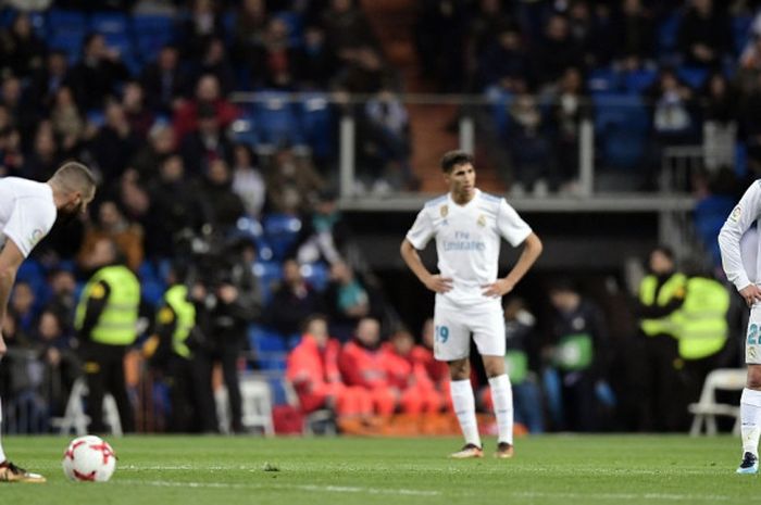 Ekspresi para pemain Real Madrid setelah dibobol Leganes dalam laga leg kedua perempat final Copa del Rey di Stadion Santiago Bernabeu, Madrid, Spanyol, pada 24 Januari 2018.