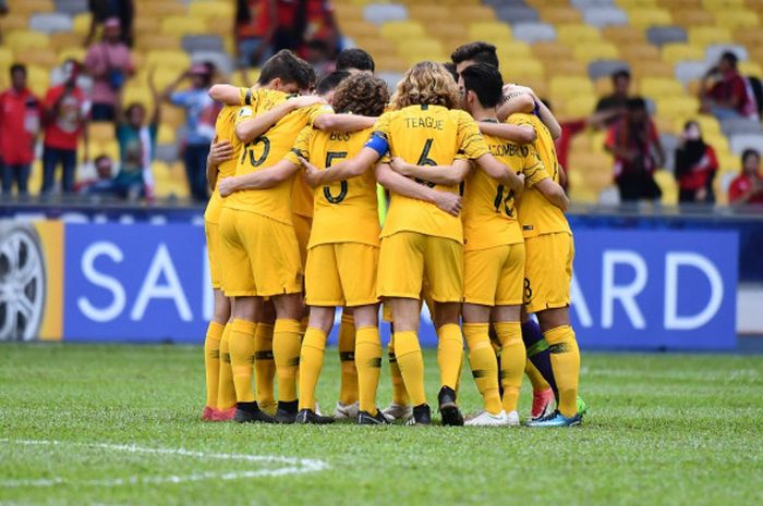 Timnas U-16 Indonesia berhadapan dengan Australia pada perempat final Piala Asia U-16 2018 di Stadion Bukit Jalil, 1 Oktober 2018. 