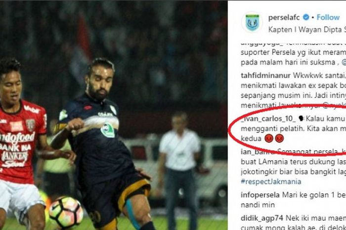 Ivan Carlos tampak mengomentari unggahan instagram Persela Lamongan.