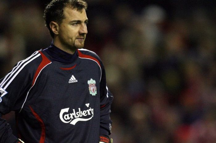 Reaksi Jerzy Dudek dalam partai Piala Liga antara Liverpool melawan Arsenal di Stadion Anfield, Liverpool, 9 Januari 2007.