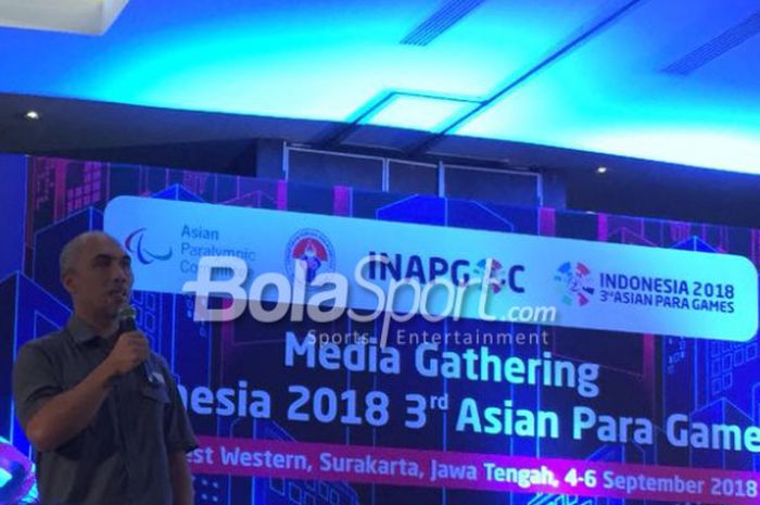 Direktur Divisi Sport Inapgoc, Fanny Irawan, menyampaikan perkembangan tentang cabang-cabang di Asian Para Games 2018 di Solo, Selasa (4/9/2018).