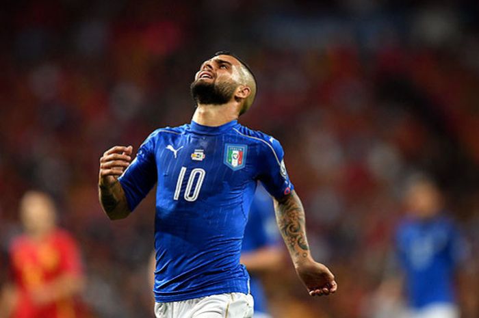 Ekspresi penyerang timnas Italia, Lorenzo Insigne, saat tampil melawan Spanyol dalam laga Kualifikasi Piala Dunia 2018 di Stadion Santiago Bernabeu, Madrid, Spanyol, pada 2 September 2017.