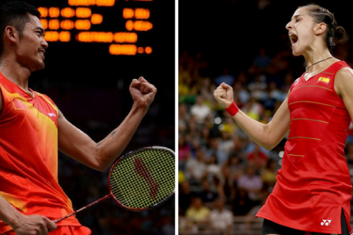 Ekspresi Lin Dan (kiri) dan Carolina Marin (kanan) saat  menjadi juara Olimpiade.